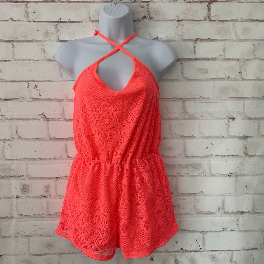Crocheted Short Summer Romper - Neon Pink